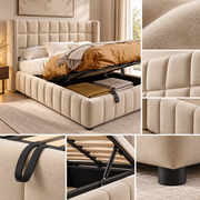 Gestoffeerd Bed 180x200 cm met Opbergruimte – Tweepersoonsbed met Gasveer – Linnen Look – Lattenbodem – Beige – 213x188x101 cm