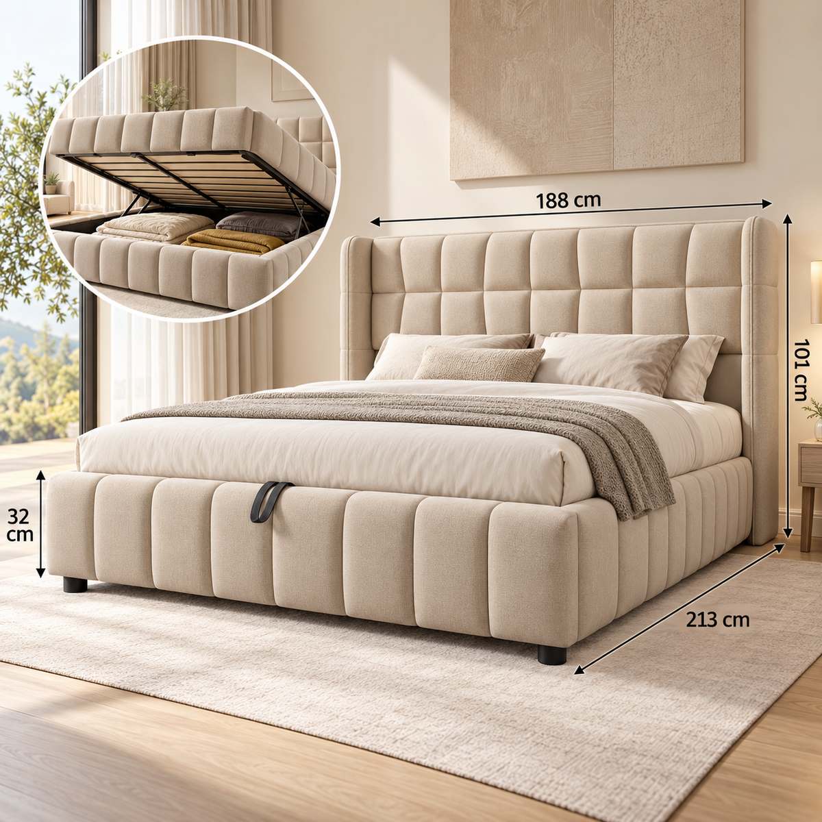 Gestoffeerd Bed 180x200 cm met Opbergruimte – Tweepersoonsbed met Gasveer – Linnen Look – Lattenbodem – Beige – 213x188x101 cm