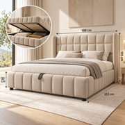 Gestoffeerd Bed 180x200 cm met Opbergruimte – Tweepersoonsbed met Gasveer – Linnen Look – Lattenbodem – Beige – 213x188x101 cm