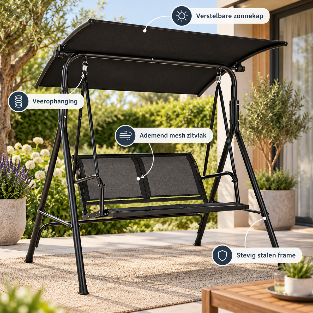Tuinschommel 2-Persoons – Verstelbare Zonnekap – Textilene Zitting – Stalen Frame – Tuinbank Schommel – Zwart