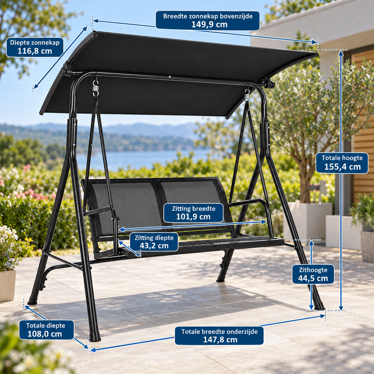 Tuinschommel 2-Persoons – Verstelbare Zonnekap – Textilene Zitting – Stalen Frame – Tuinbank Schommel – Zwart