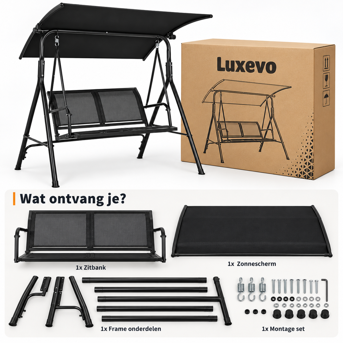 Tuinschommel 2-Persoons – Verstelbare Zonnekap – Textilene Zitting – Stalen Frame – Tuinbank Schommel – Zwart