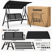 Tuinschommel 2-Persoons – Verstelbare Zonnekap – Textilene Zitting – Stalen Frame – Tuinbank Schommel – Zwart