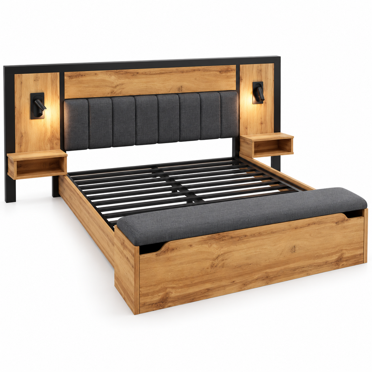 Tweepersoonsbed 180x200 cm – Bed met Gestoffeerd Hoofdbord, Leeslampen, USB-C Nachtkastjes & Opbergbank – Eikenlook – Metalen Lattenbodem