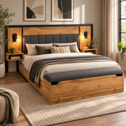 Tweepersoonsbed 180x200 cm – Bed met Gestoffeerd Hoofdbord, Leeslampen, USB-C Nachtkastjes & Opbergbank – Eikenlook – Metalen Lattenbodem