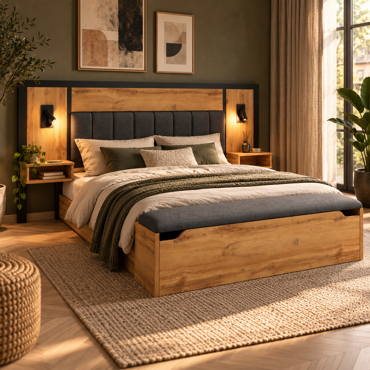 Tweepersoonsbed 180x200 cm – Bed met Gestoffeerd Hoofdbord, Leeslampen, USB-C Nachtkastjes & Opbergbank – Eikenlook – Metalen Lattenbodem