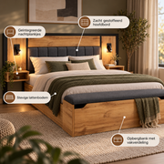 Tweepersoonsbed 180x200 cm – Bed met Gestoffeerd Hoofdbord, Leeslampen, USB-C Nachtkastjes & Opbergbank – Eikenlook – Metalen Lattenbodem