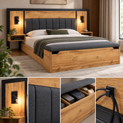Tweepersoonsbed 180x200 cm – Bed met Gestoffeerd Hoofdbord, Leeslampen, USB-C Nachtkastjes & Opbergbank – Eikenlook – Metalen Lattenbodem