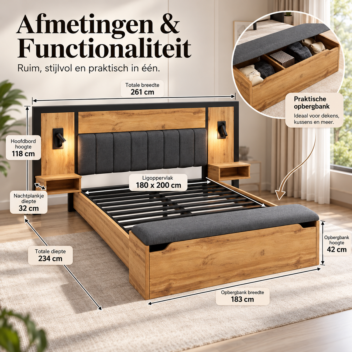 Tweepersoonsbed 180x200 cm – Bed met Gestoffeerd Hoofdbord, Leeslampen, USB-C Nachtkastjes & Opbergbank – Eikenlook – Metalen Lattenbodem
