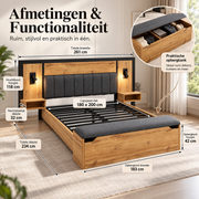 Tweepersoonsbed 180x200 cm – Bed met Gestoffeerd Hoofdbord, Leeslampen, USB-C Nachtkastjes & Opbergbank – Eikenlook – Metalen Lattenbodem