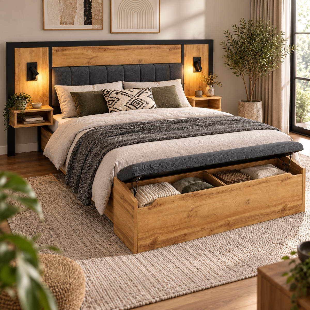 Tweepersoonsbed 180x200 cm – Bed met Gestoffeerd Hoofdbord, Leeslampen, USB-C Nachtkastjes & Opbergbank – Eikenlook – Metalen Lattenbodem