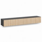 Zwevend TV-Meubel 140 cm – Wandkast met 2 Klepdeuren – Geribbelde Houtlook – Kabeldoorvoer – Naturel & Zwart
