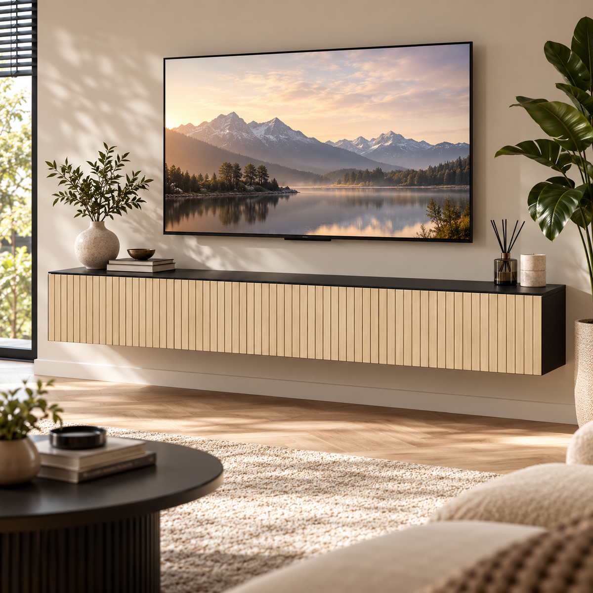 Zwevend TV-Meubel 140 cm – Wandkast met 2 Klepdeuren – Geribbelde Houtlook – Kabeldoorvoer – Naturel & Zwart