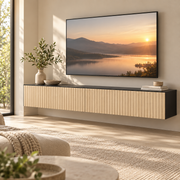 Zwevend TV-Meubel 140 cm – Wandkast met 2 Klepdeuren – Geribbelde Houtlook – Kabeldoorvoer – Naturel & Zwart
