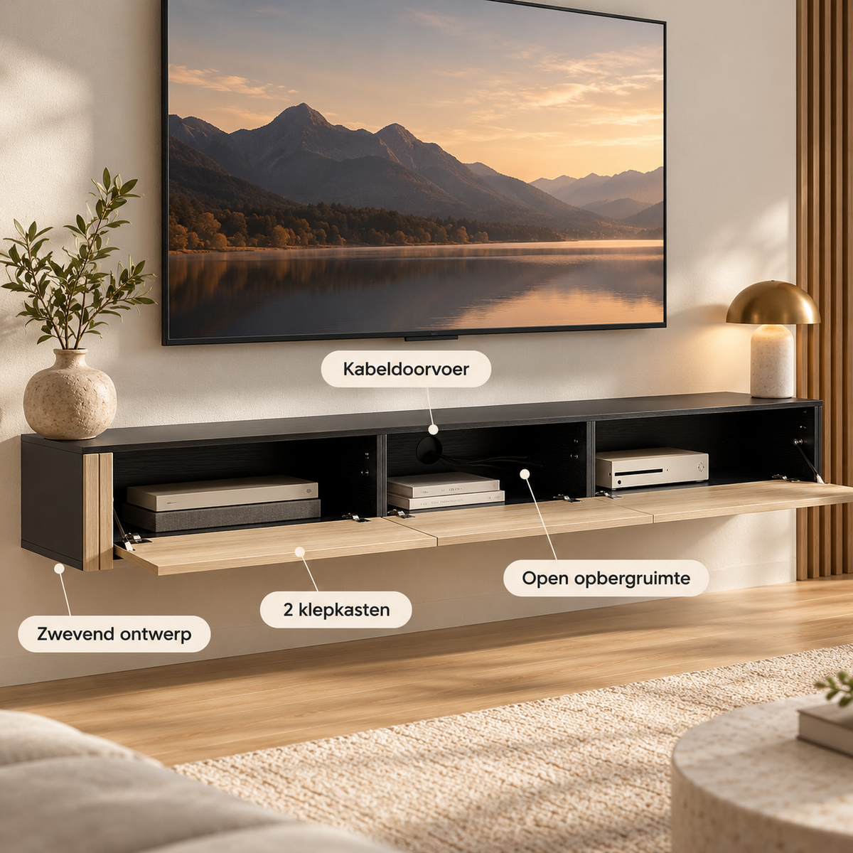Zwevend TV-Meubel 140 cm – Wandkast met 2 Klepdeuren – Geribbelde Houtlook – Kabeldoorvoer – Naturel & Zwart