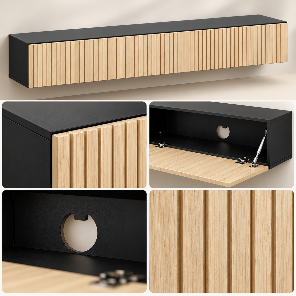 Zwevend TV-Meubel 140 cm – Wandkast met 2 Klepdeuren – Geribbelde Houtlook – Kabeldoorvoer – Naturel & Zwart