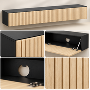 Zwevend TV-Meubel 140 cm – Wandkast met 2 Klepdeuren – Geribbelde Houtlook – Kabeldoorvoer – Naturel & Zwart