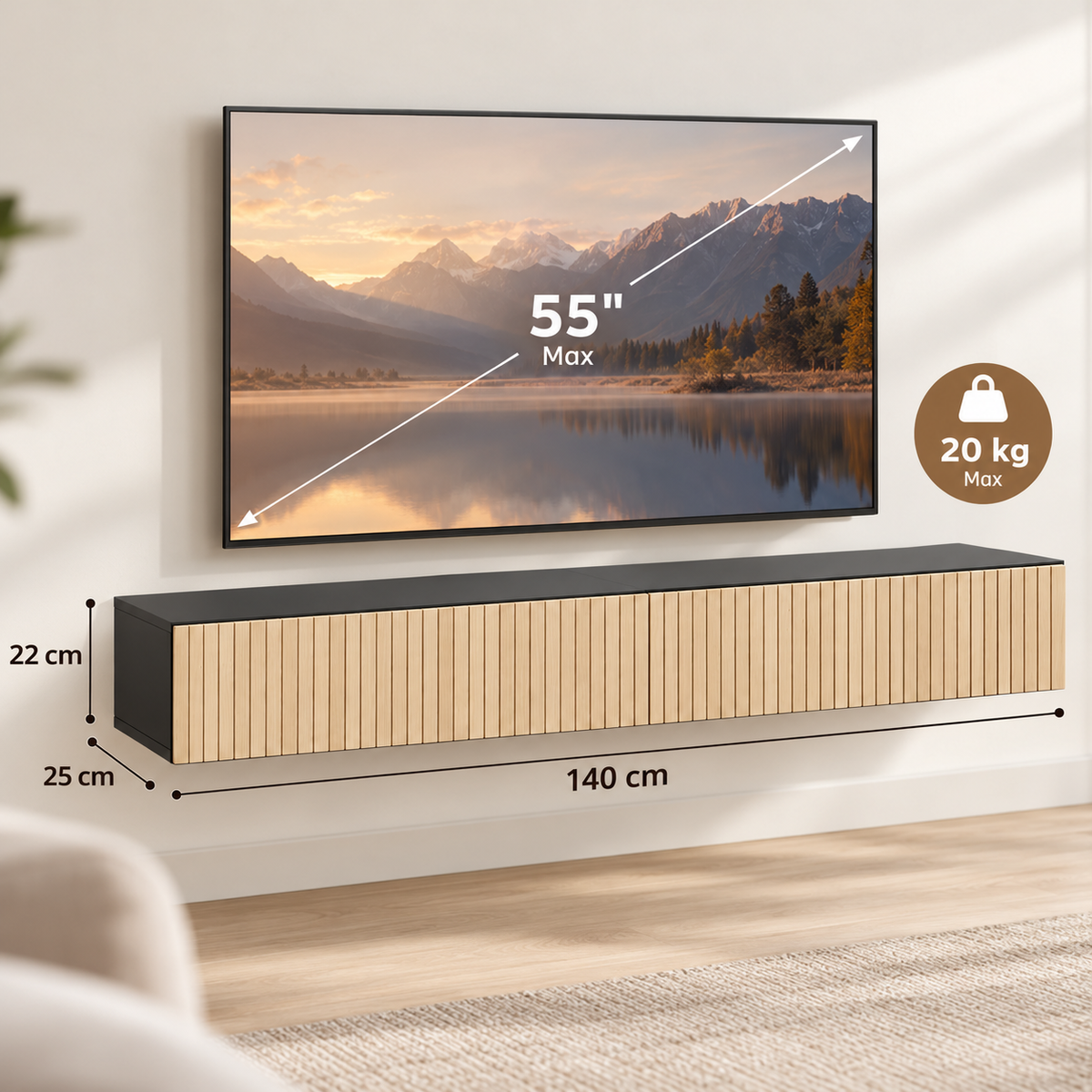 Zwevend TV-Meubel 140 cm – Wandkast met 2 Klepdeuren – Geribbelde Houtlook – Kabeldoorvoer – Naturel & Zwart