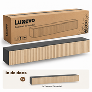 Zwevend TV-Meubel 140 cm – Wandkast met 2 Klepdeuren – Geribbelde Houtlook – Kabeldoorvoer – Naturel & Zwart