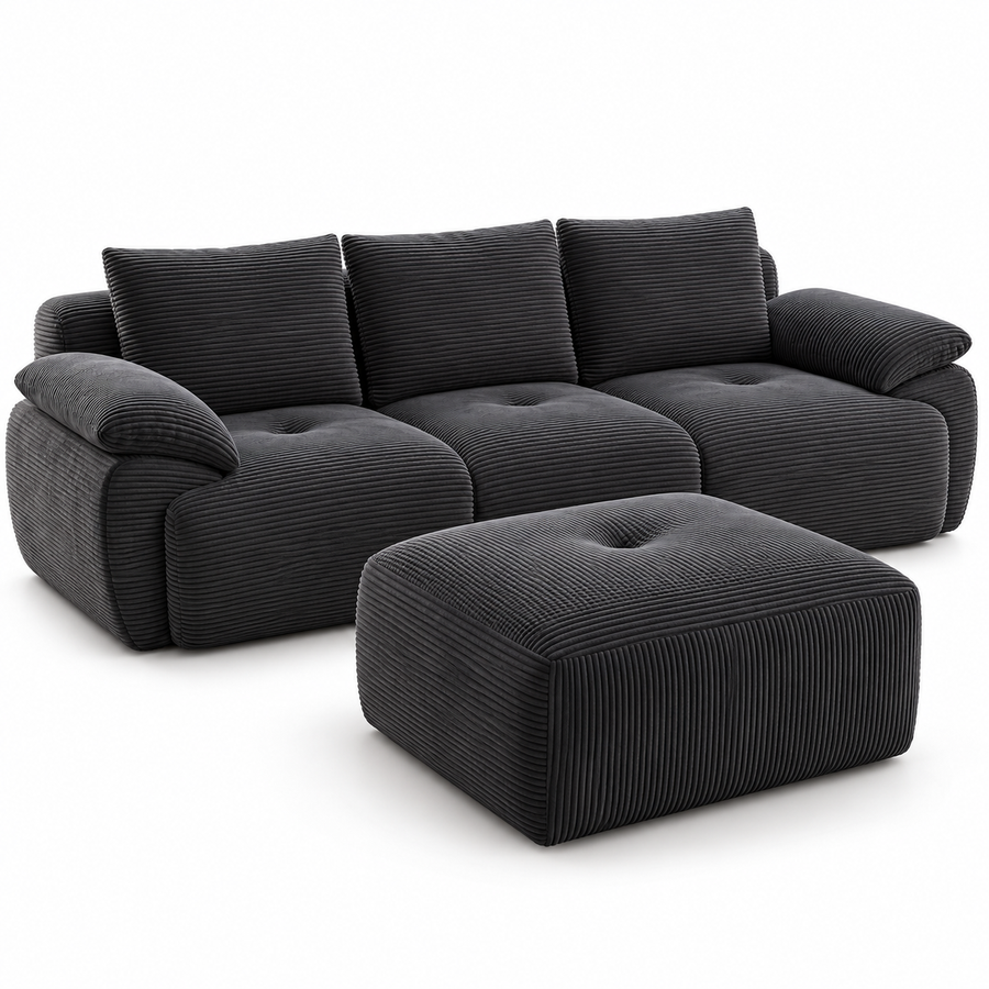 Modulaire Hoekbank met Chaise Longue – Corduroy Bank met Slaapfunctie – 3 Rugkussens & 4 Zitkussens – Frameloos – Geen Montage Nodig – Grijs