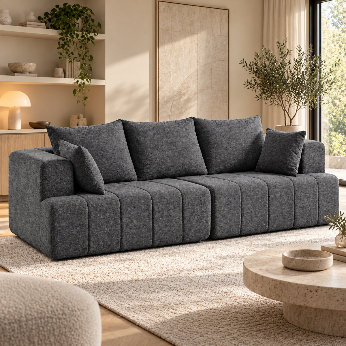 3-Zits Bank Donkergrijs – Chenille – 248 cm – Framevrij – Pocketvering & High-Density Schuim – Diepe Zit – 360 kg Draagvermogen