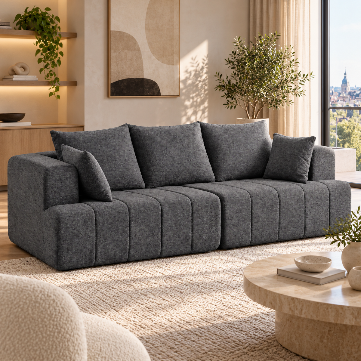 3-Zits Bank Donkergrijs – Chenille – 248 cm – Framevrij – Pocketvering & High-Density Schuim – Diepe Zit – 360 kg Draagvermogen