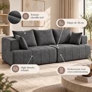 3-Zits Bank Donkergrijs – Chenille – 248 cm – Framevrij – Pocketvering & High-Density Schuim – Diepe Zit – 360 kg Draagvermogen