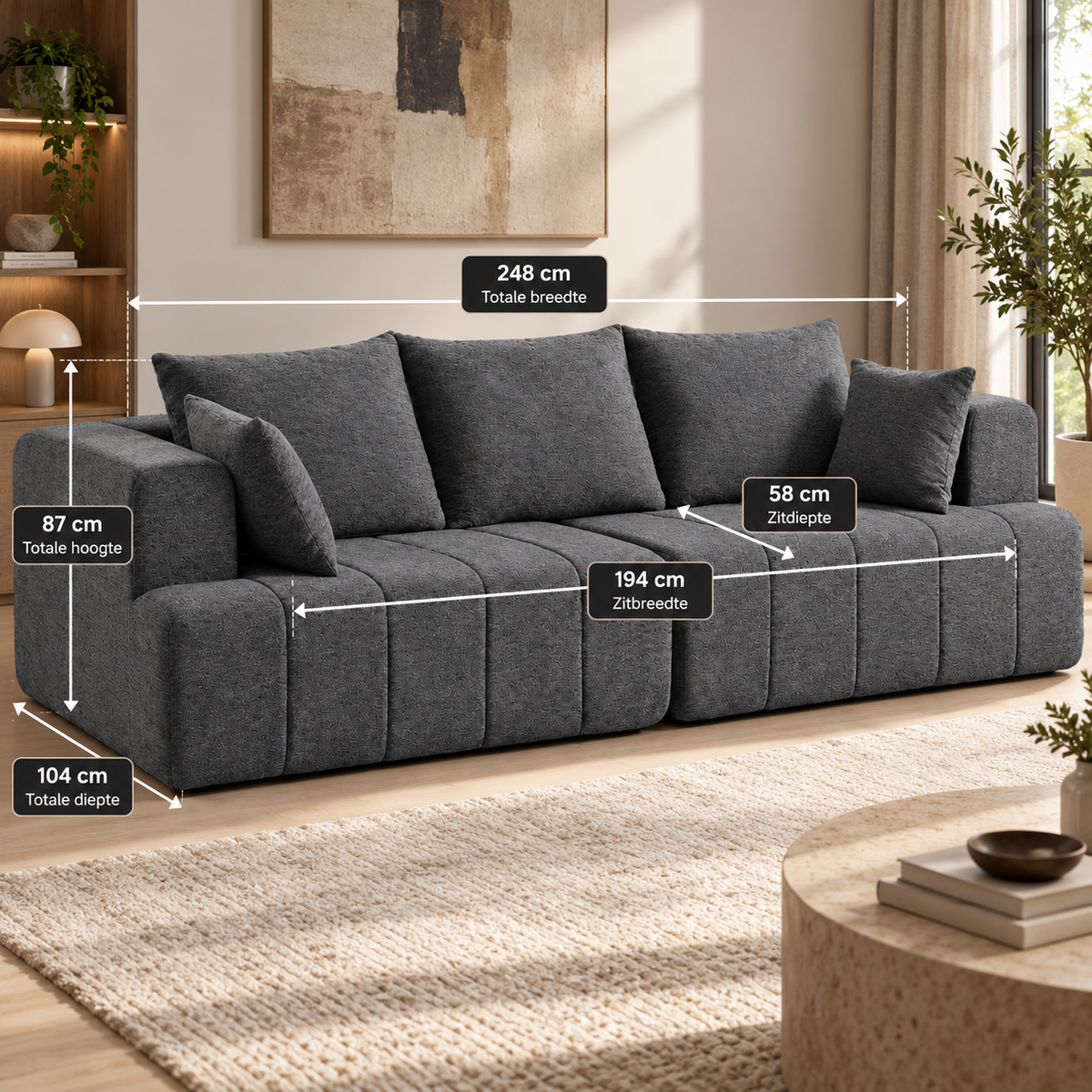 3-Zits Bank Donkergrijs – Chenille – 248 cm – Framevrij – Pocketvering & High-Density Schuim – Diepe Zit – 360 kg Draagvermogen