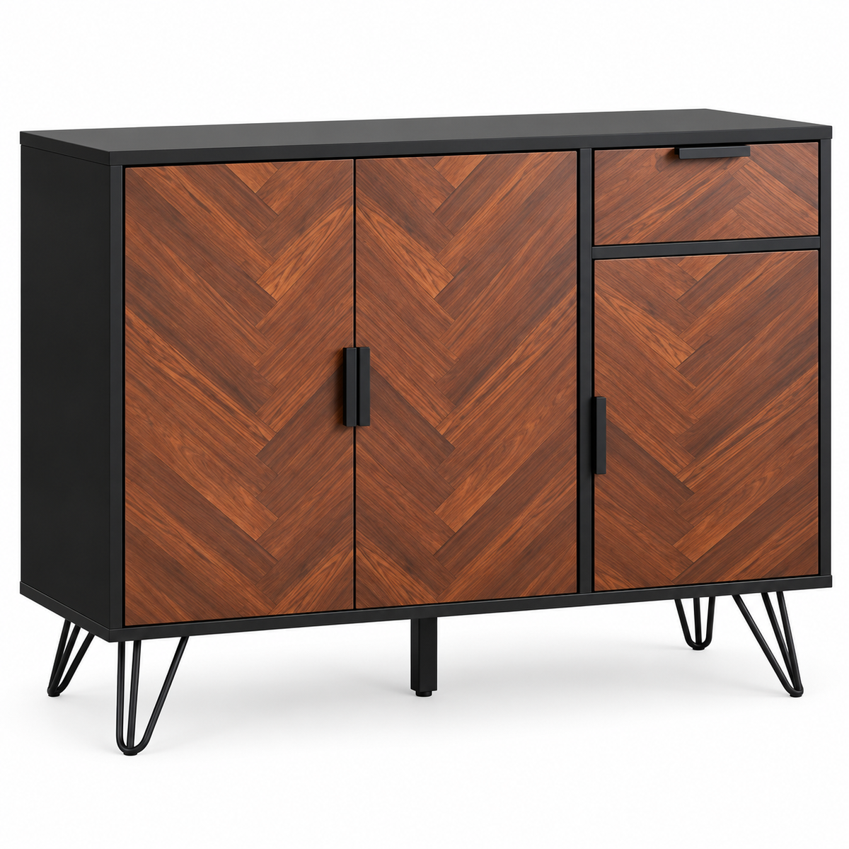 Opbergkast – Dressoir met 3 Kastdeuren en Lade – Verstelbare Planken – Houteffect & Zwart – 90 x 30 x 71,5 cm