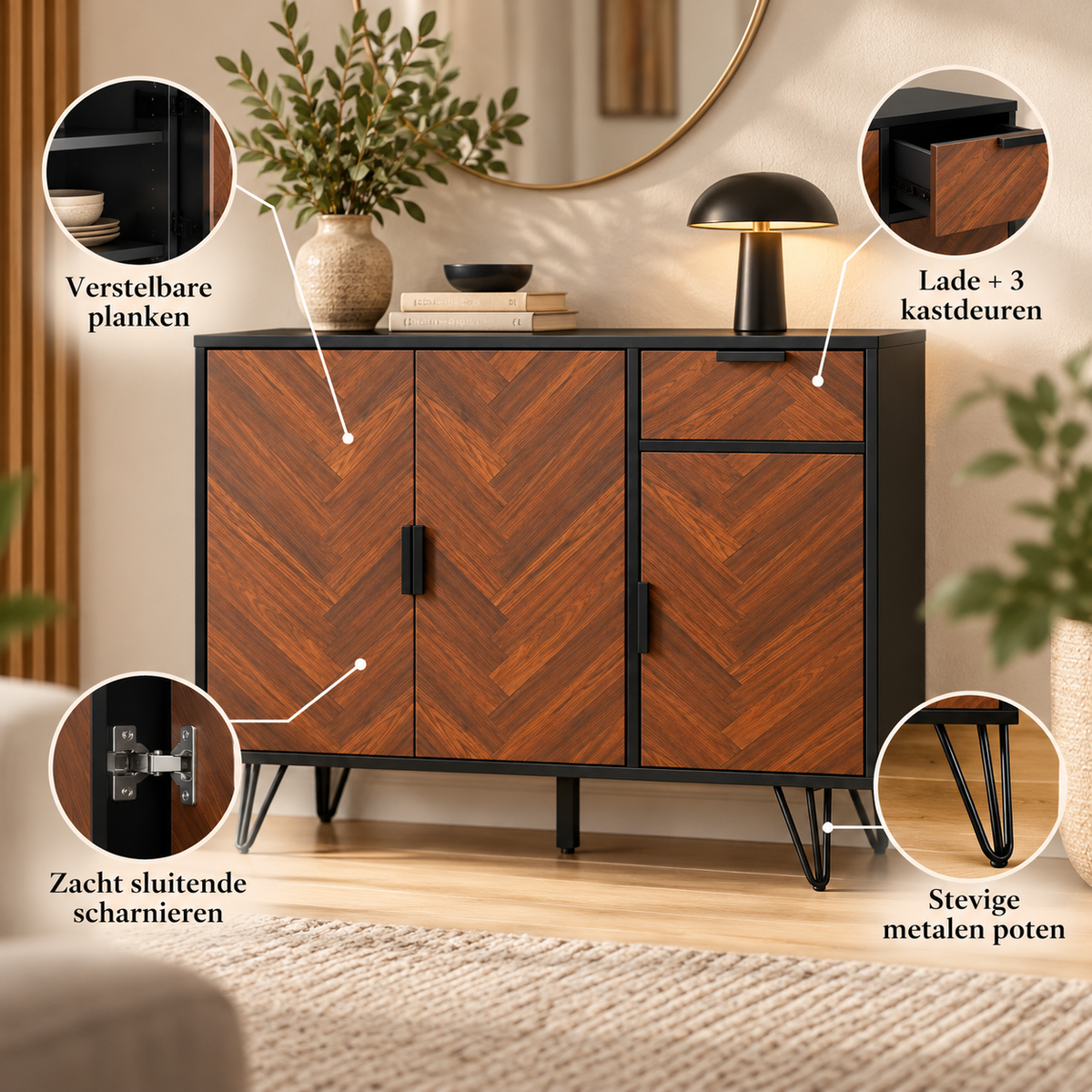 Opbergkast – Dressoir met 3 Kastdeuren en Lade – Verstelbare Planken – Houteffect & Zwart – 90 x 30 x 71,5 cm