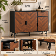 Opbergkast – Dressoir met 3 Kastdeuren en Lade – Verstelbare Planken – Houteffect & Zwart – 90 x 30 x 71,5 cm
