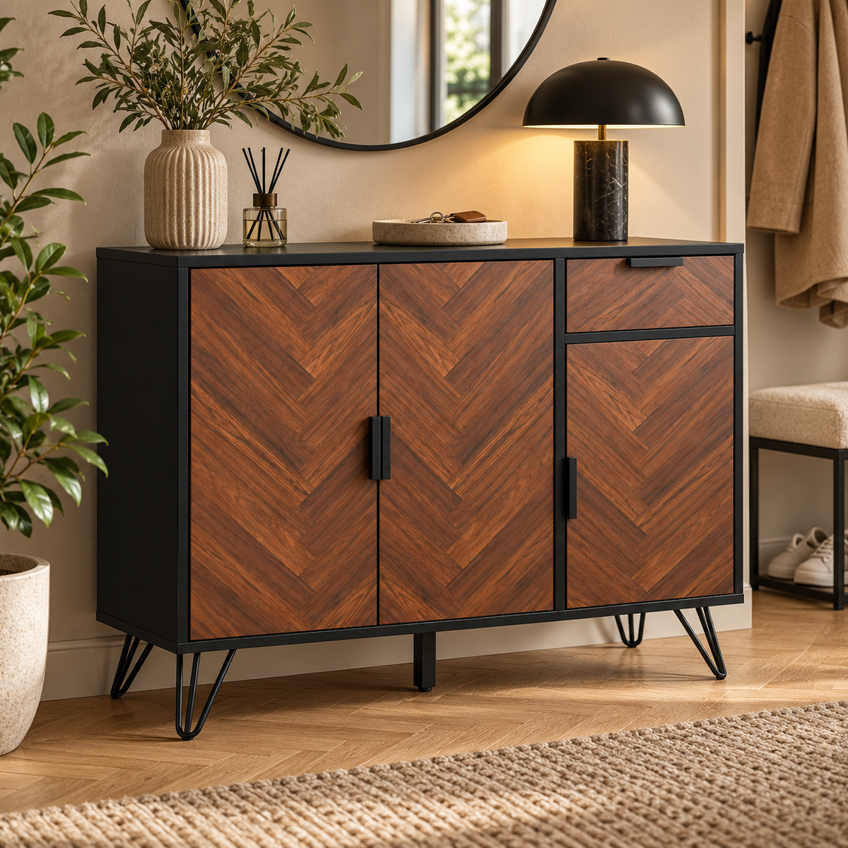 Opbergkast – Dressoir met 3 Kastdeuren en Lade – Verstelbare Planken – Houteffect & Zwart – 90 x 30 x 71,5 cm