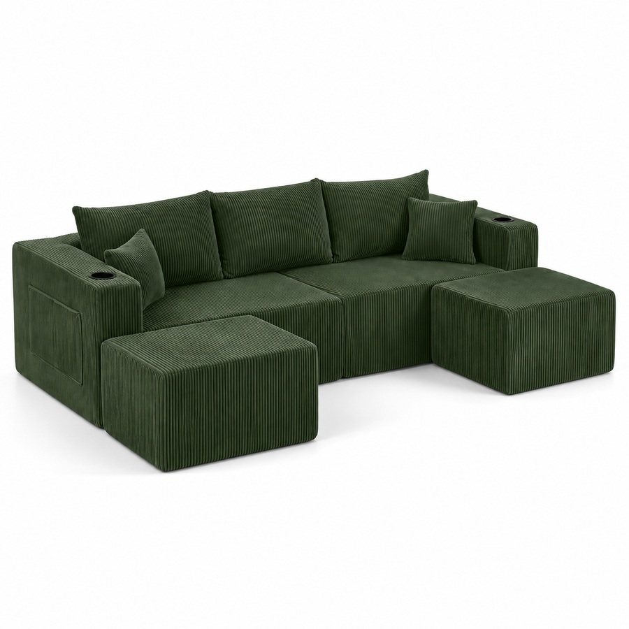 Modulaire Hoekbank 3-Zits – L-Vorm – Ribcord – 2 Losse Voetenbanken – Bekerhouders & Zijvakken – Inclusief Kussens – Groen