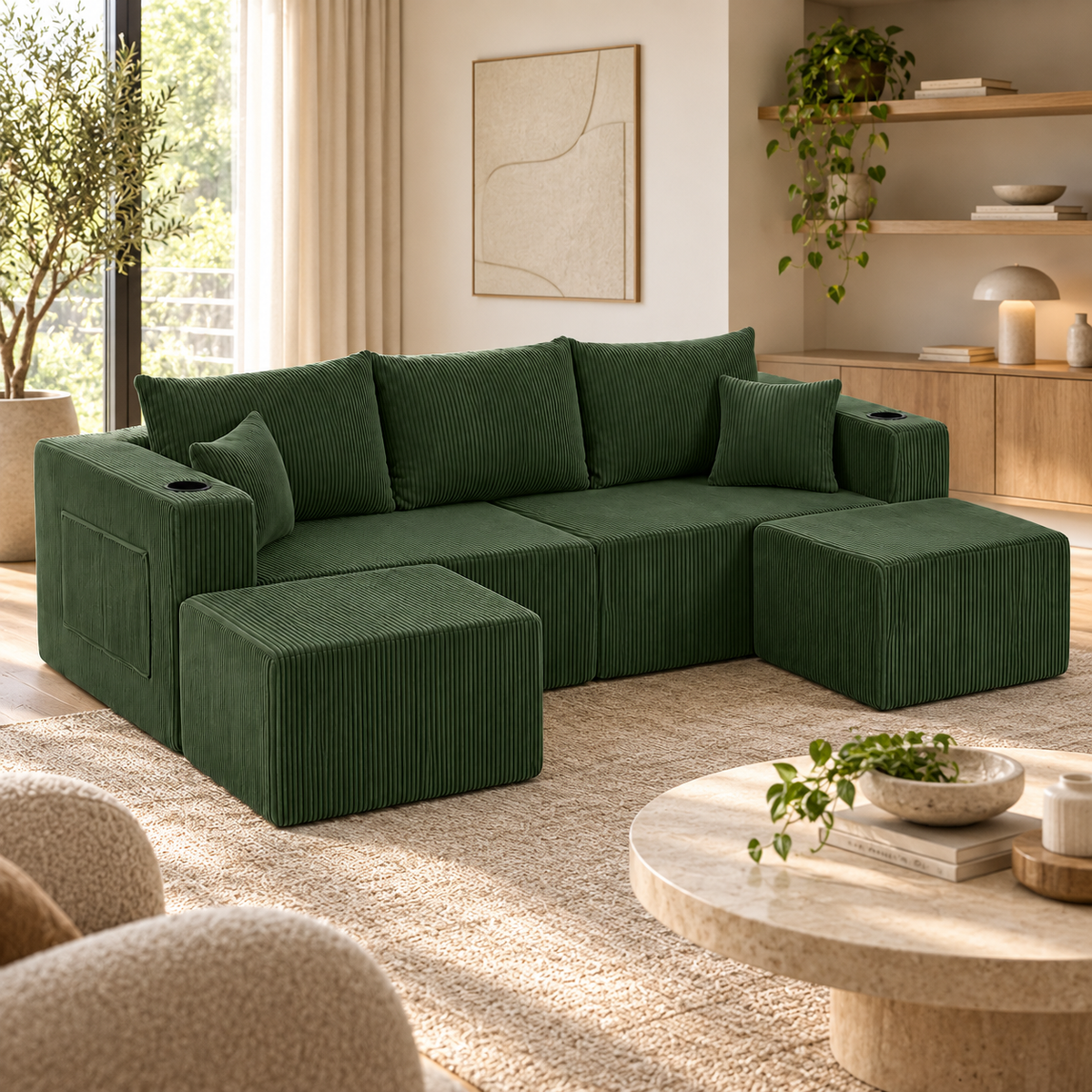 Modulaire Hoekbank 3-Zits – L-Vorm – Ribcord – 2 Losse Voetenbanken – Bekerhouders & Zijvakken – Inclusief Kussens – Groen