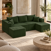 Modulaire Hoekbank 3-Zits – L-Vorm – Ribcord – 2 Losse Voetenbanken – Bekerhouders & Zijvakken – Inclusief Kussens – Groen