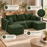 Modulaire Hoekbank 3-Zits – L-Vorm – Ribcord – 2 Losse Voetenbanken – Bekerhouders & Zijvakken – Inclusief Kussens – Groen