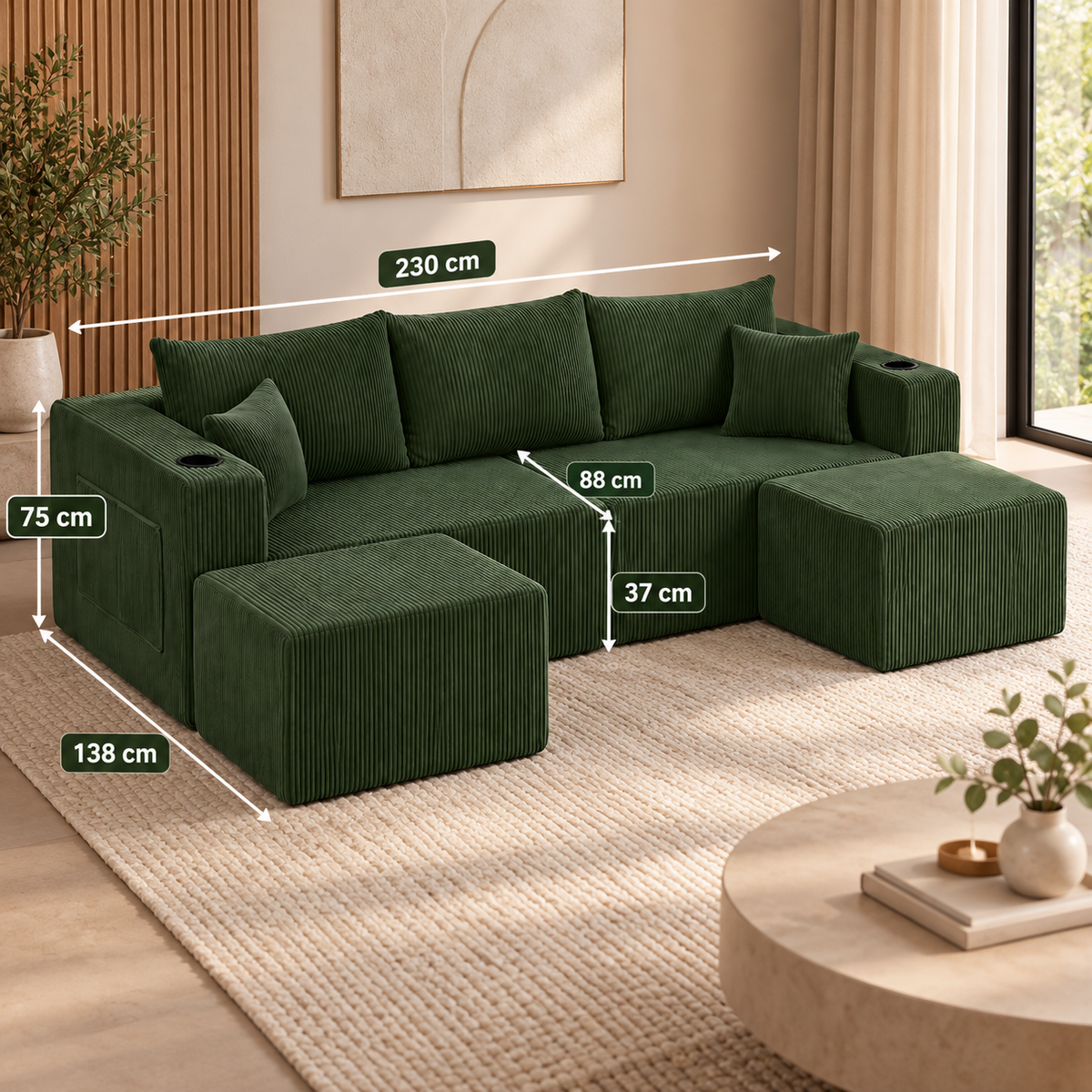 Modulaire Hoekbank 3-Zits – L-Vorm – Ribcord – 2 Losse Voetenbanken – Bekerhouders & Zijvakken – Inclusief Kussens – Groen