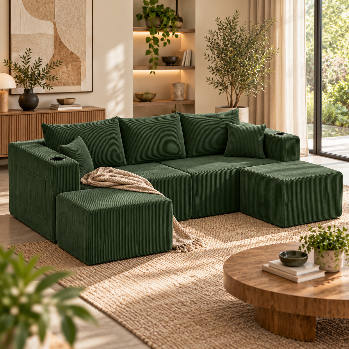 Modulaire Hoekbank 3-Zits – L-Vorm – Ribcord – 2 Losse Voetenbanken – Bekerhouders & Zijvakken – Inclusief Kussens – Groen