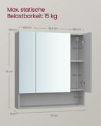 Badkamerkast met Spiegel 3-Deurs - Opbergkast 70 cm