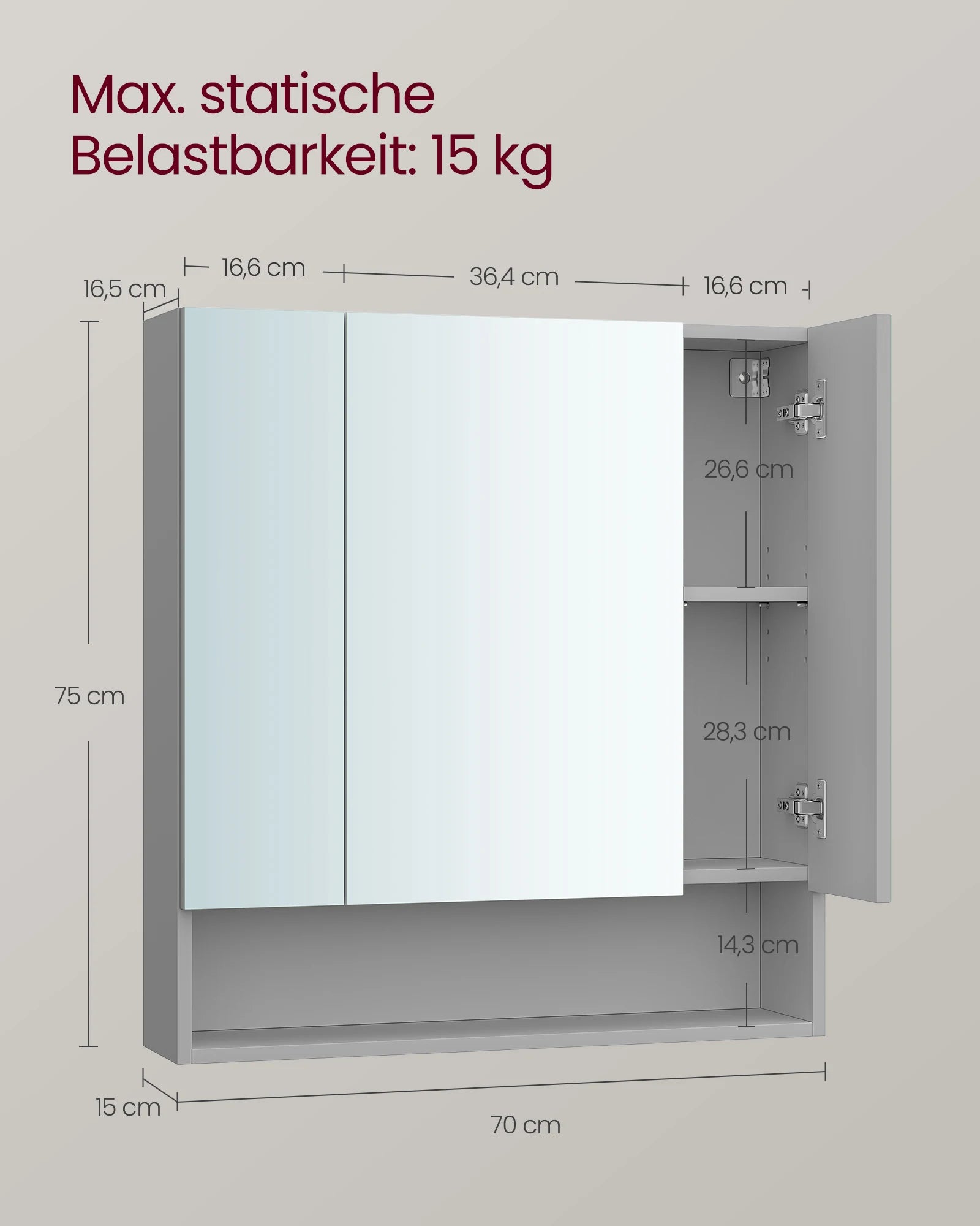 Badkamerkast met Spiegel 3-Deurs - Opbergkast 70 cm