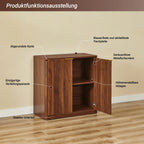 Wooden cabinet with open doors on a wooden floor against a beige wall, labeled in German.