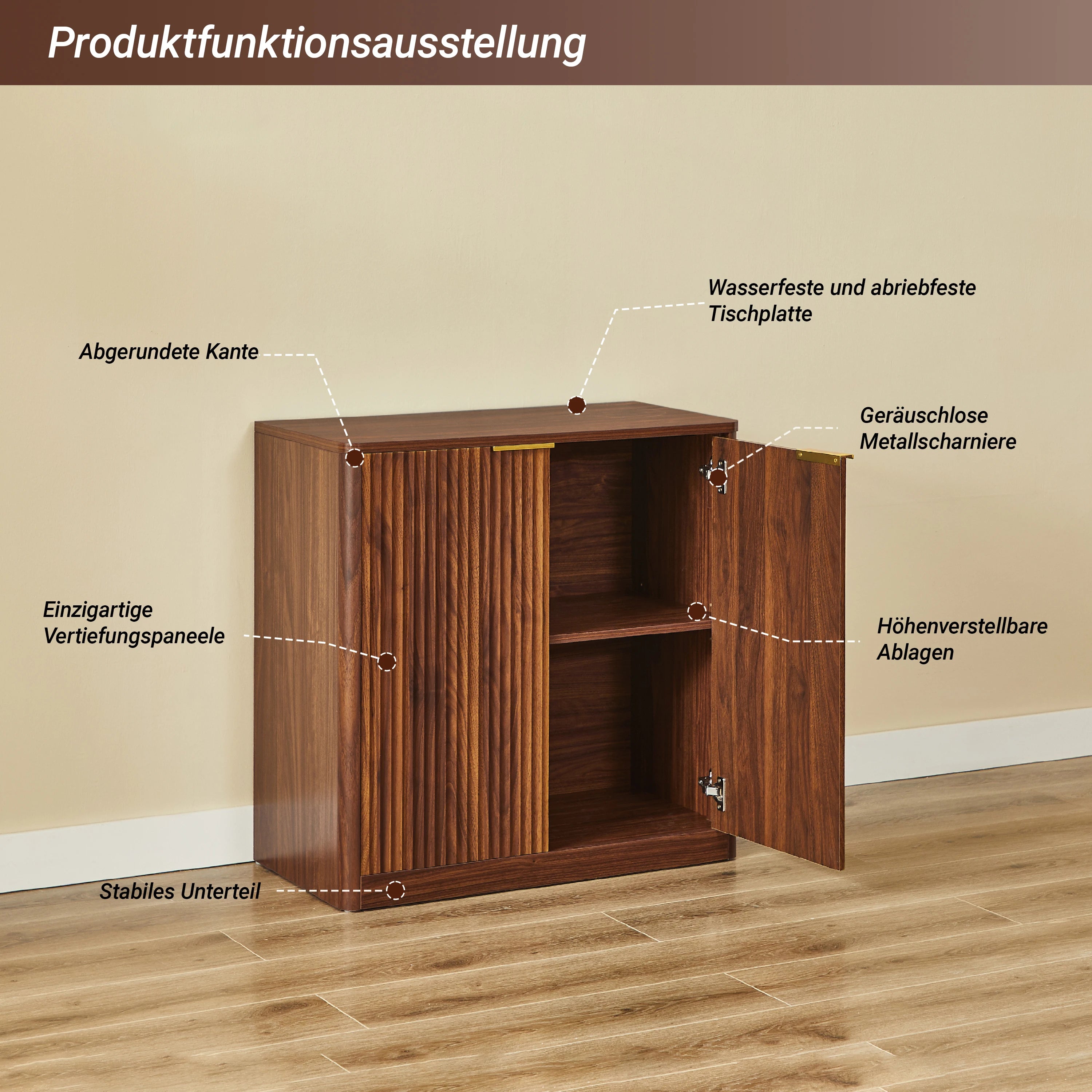 Wooden cabinet with open doors on a wooden floor against a beige wall, labeled in German.