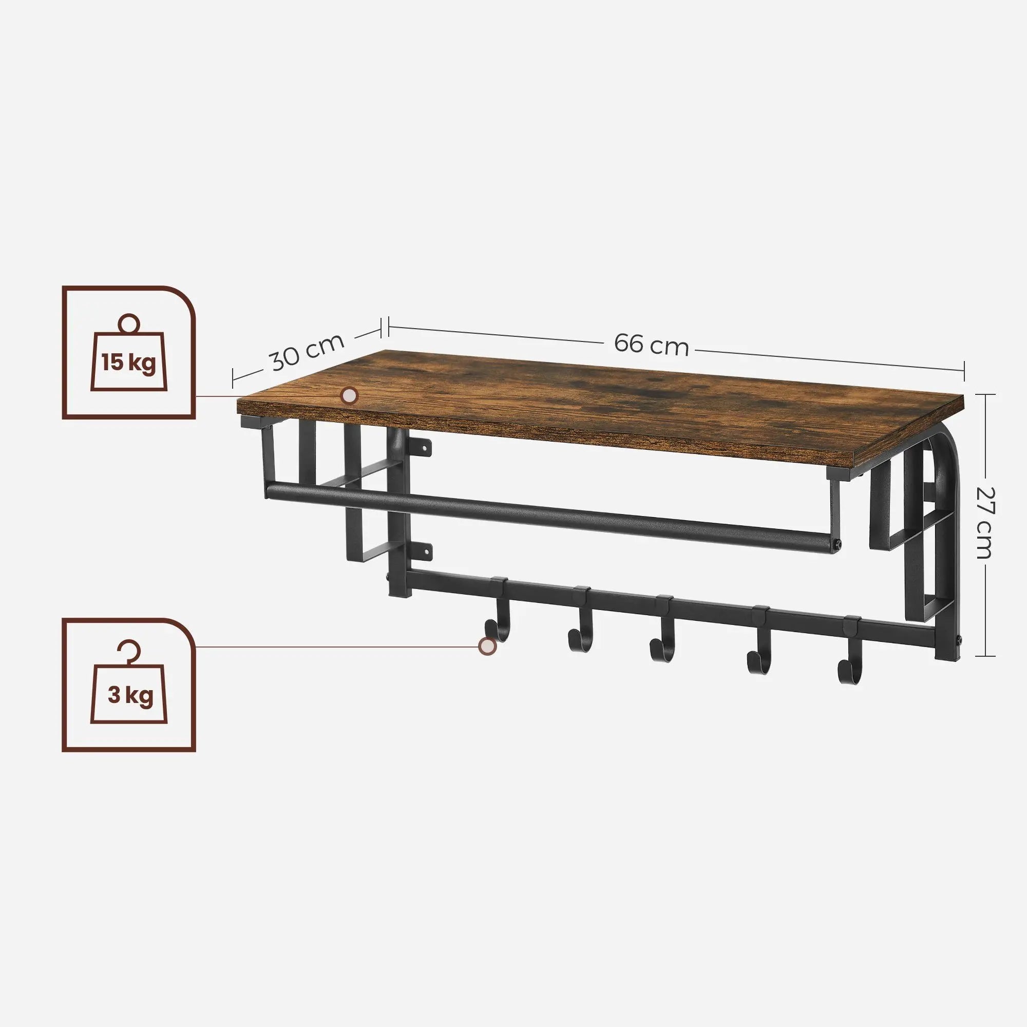 Wandkapstok met Plank en Haken 66–80 cm