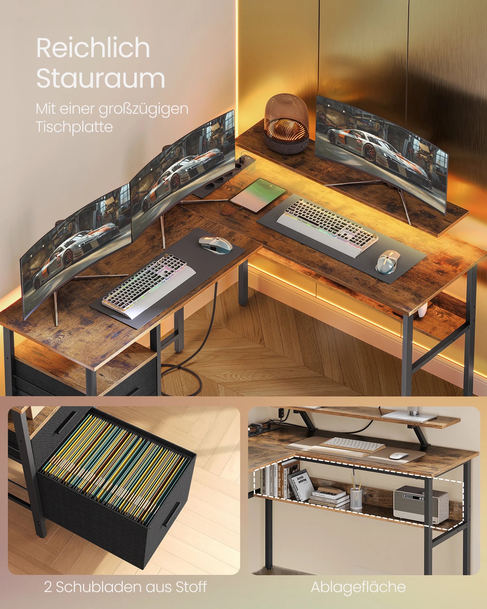 L-Vorm Bureau met Stopcontacten - Gaming & Werkplek