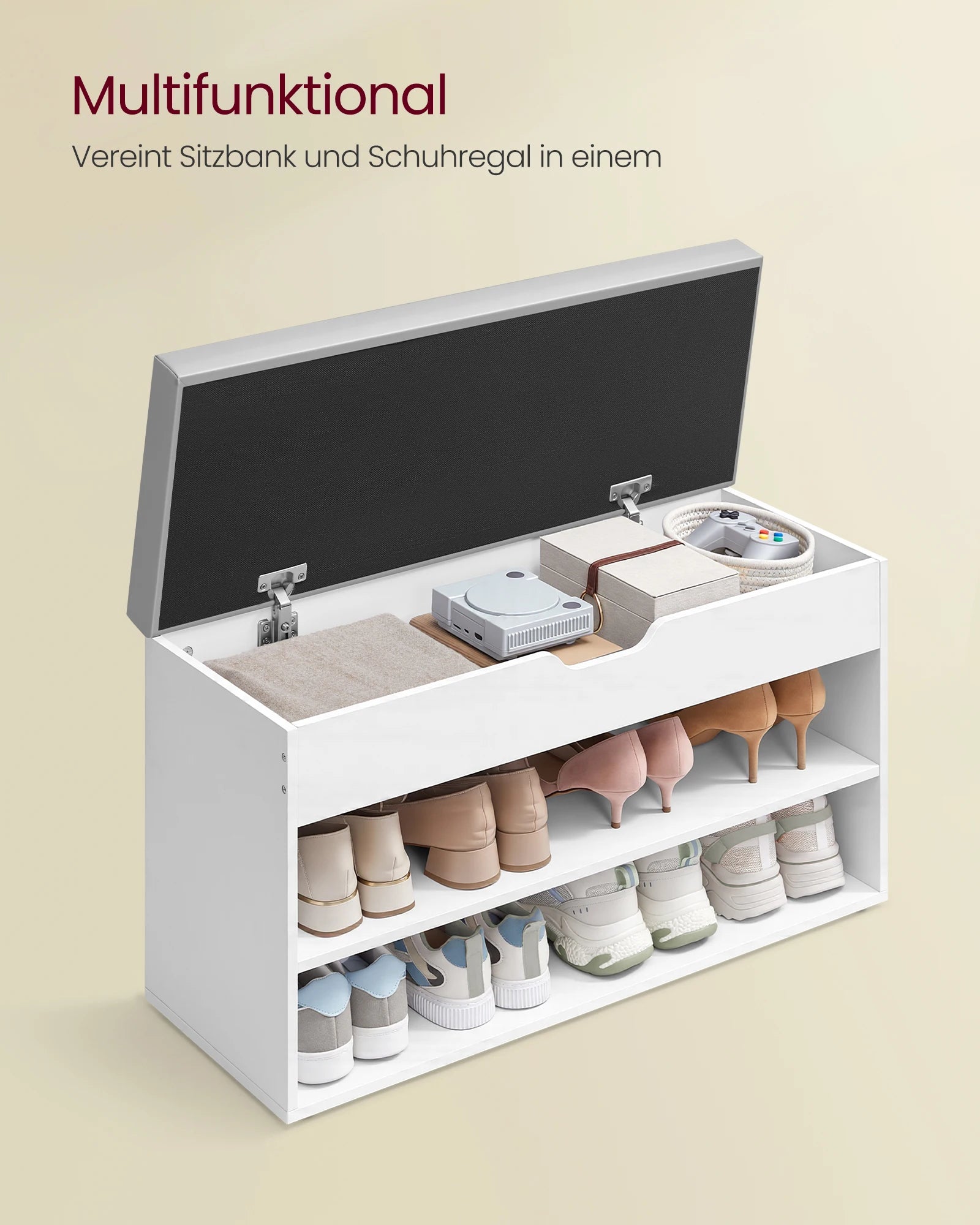 Schoenenbank - 3 Niveaus - Met Zitting - Wit-Grijs