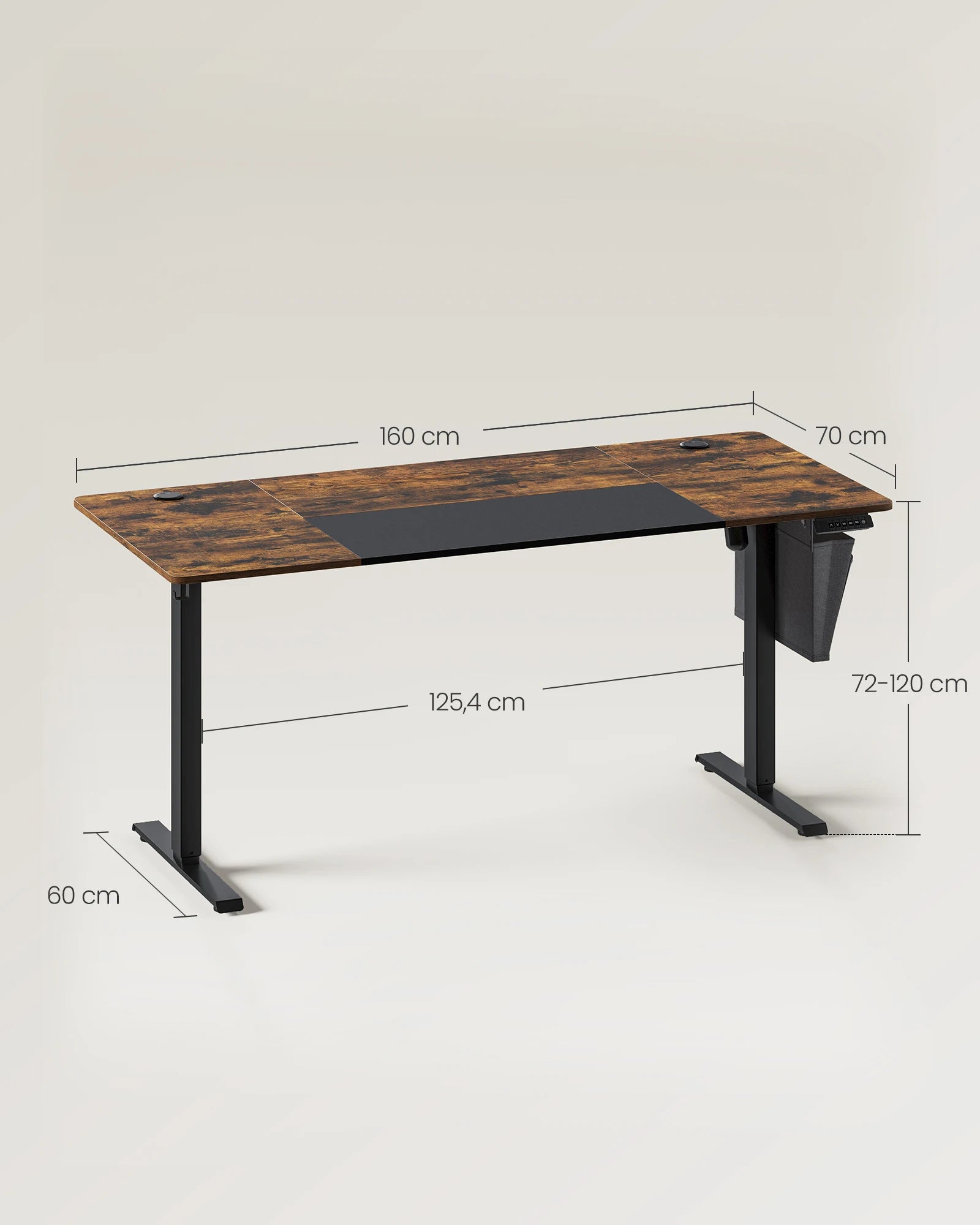 Wooden desk with dimensions labeled on a white background