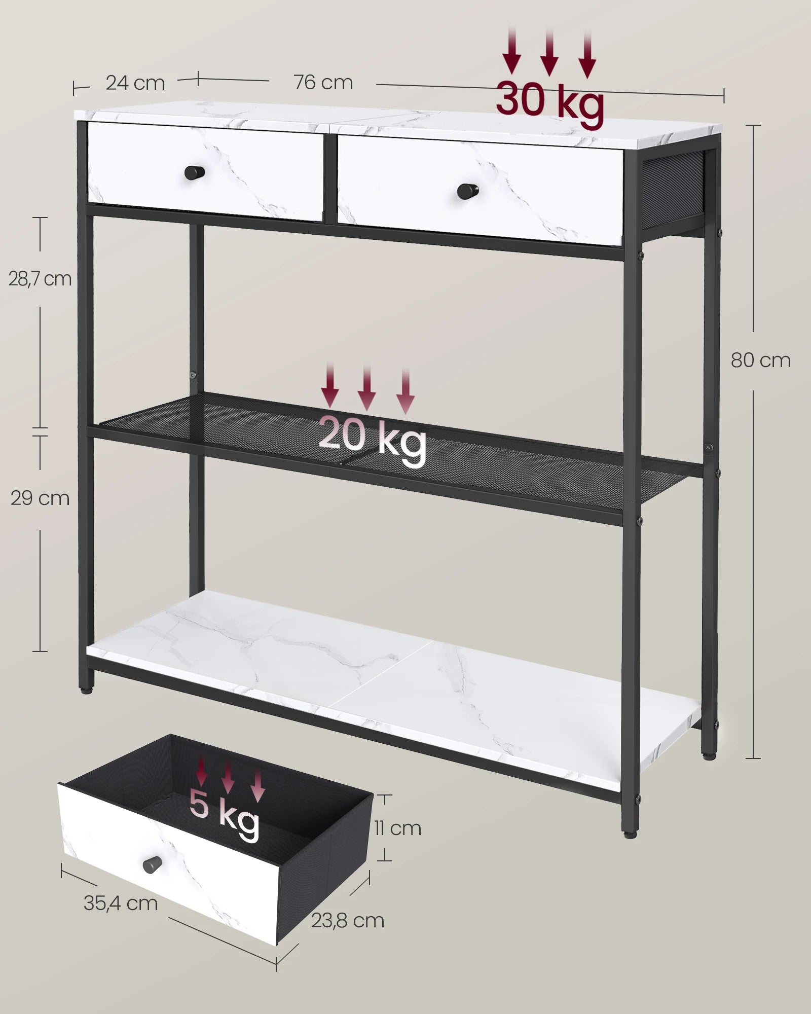 Smalle Consoletafel 80 cm met 2 Stoffen Lades