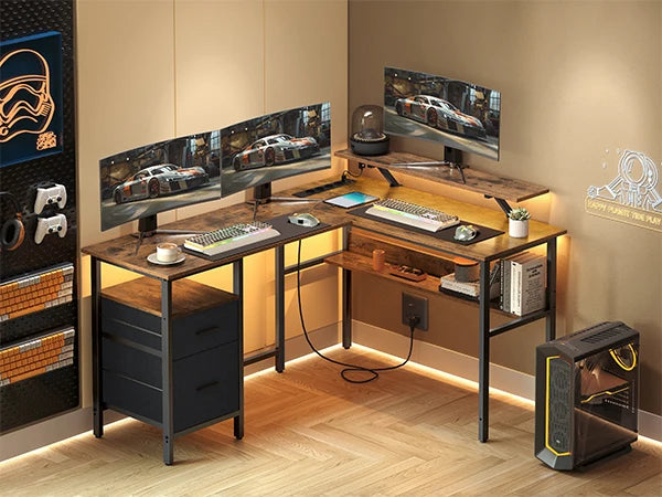L-Vorm Bureau met Stopcontacten - Gaming & Werkplek
