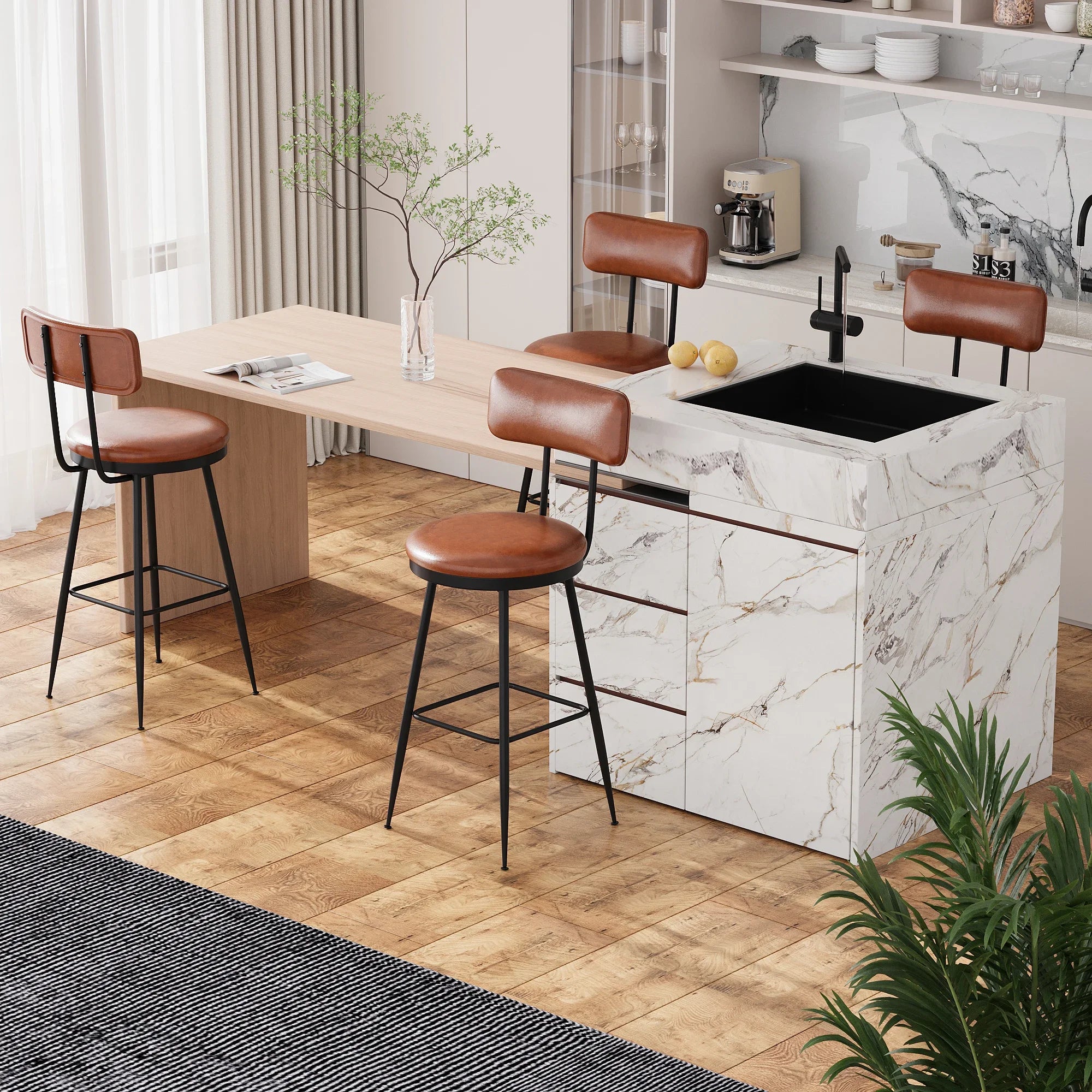 360° Draaibare Barkruk Set Van 2 - Rugleuning - Faux Leather